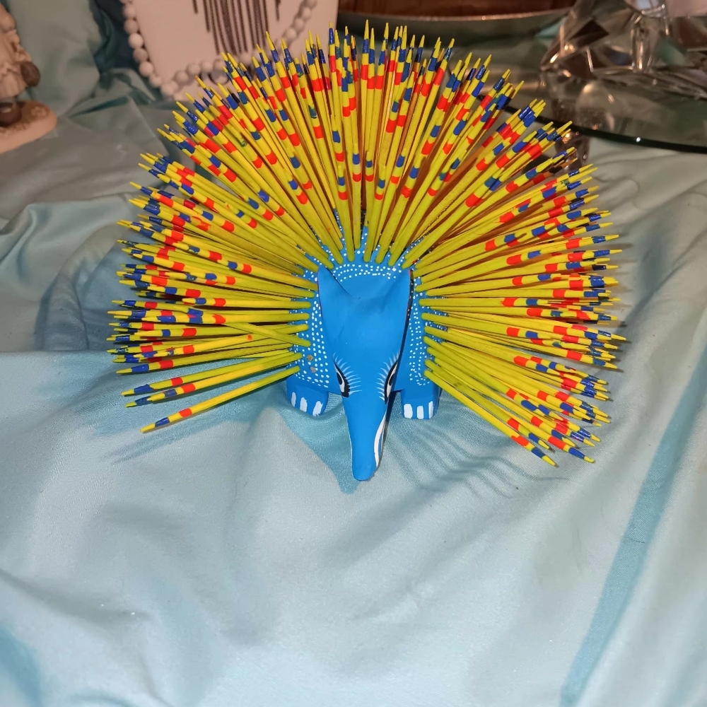 Davud Hernnandez Singed Blue Porcupine Figurine with Multi Colored Quills